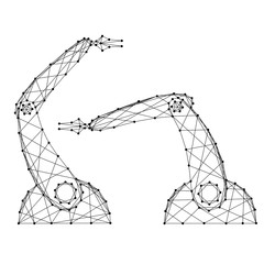 Obraz premium The hands of manipulators of the robot from abstract futuristic polygonal black lines and dots on white background. Vector illustration.