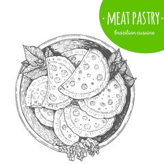 Empanadas top view vector illustration. Brazilian cuisine. Linear graphic.