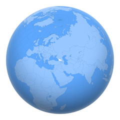 Georgia on the globe. Earth centered at the location of the Republic of Georgia. Map of Georgia. Includes layer with capital cities.