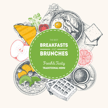 Breakfasts and brunches label. Food menu design template. Vintage hand drawn sketch vector illustration. Circle concept. Engraved image