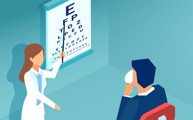 vector of a woman ophthalmologist examining patient using a Snellen Chart