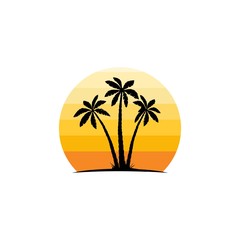 simple sunset with coconut trees vector logo