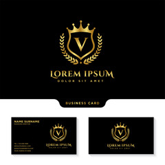 Luxury Royal Letter v crest Gold color Logo vector, Victory logo, crest logo with business card template vector