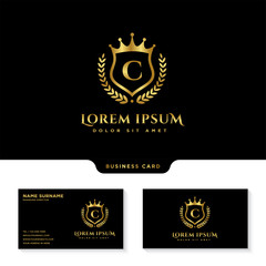 Luxury Royal Letter c crest Gold color Logo vector, Victory logo, crest logo with business card template vector