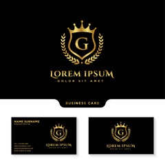 Luxury Royal Letter g crest Gold color Logo vector, Victory logo, crest logo with business card template vector