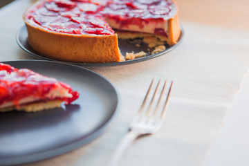 Classic cheesecake with strawberry slices in jelly on top.