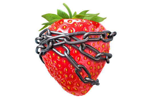 Adult content idea. Age limit under 18, for adults. Concept with ripe strawberry coiled with metallic chain.