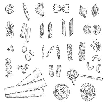 Different types of pasta set. Hand drawn sketch. Vintage vector illustration.
