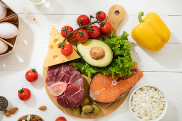 Ketogenic low carbs diet - food selection on white wooden background. Balanced healthy organic ingredients of high content of fats. Nutrition for the heart and blood vessels. Meat, fish and vegetables