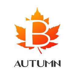 Logotipo con texto Autumn con letra B en espacio negativo sobre hoja en color naranja