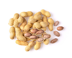 Dried peanuts isolated on white background. top view