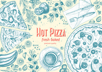 Italian pizza top view frame. Italian food menu design template. Vintage hand drawn sketch vector illustration. Engraved style