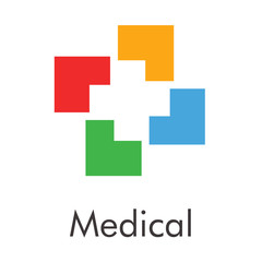 Obraz premium Logotipo abstracto con texto Medical con cruz en espacio negativo sobre cuadrados de varios colores