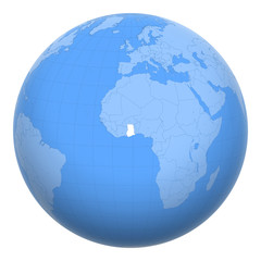 Ghana on the globe. Earth centered at the location of the Republic of Ghana. Map of Ghana. Includes layer with capital cities.