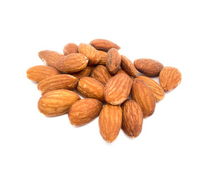 Almond isolated. Nuts on white background. Baked almonds, salt isolated