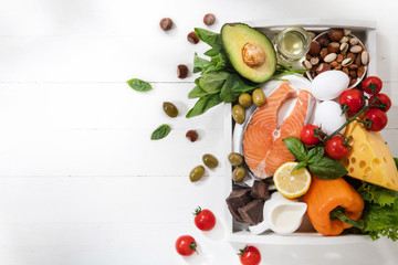 Ketogenic low carbs diet - food selection on white background. Balanced healthy organic ingredients of high content of fats for the heart and blood vessels. Meat, fish and vegetables. Copyspace.