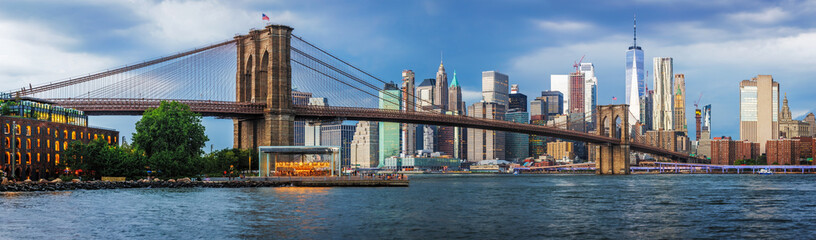 View to Manhattan skyline from Brooklyn Bridge Park Dumbo before thunderstorm. 