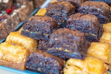 Sweet turkish dessert baklava closeup, background with dessert concept