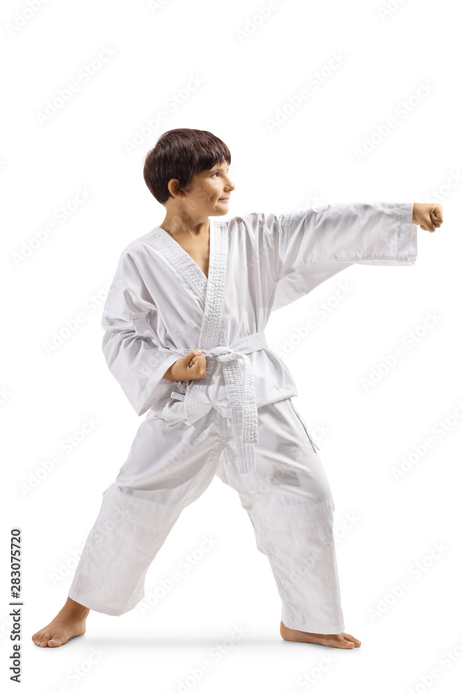 Sticker boy in a white kimono practicing martial arts