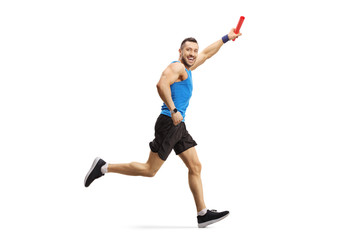 Man running a relay race with a baton in his hand