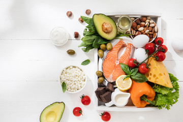 Ketogenic low carbs diet - food selection on white wooden background. Balanced healthy organic ingredients of high content of fats. Nutrition for the heart and blood vessels. Meat, fish and vegetables