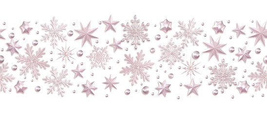 Seamless new year pattern. Christmas theme, silver openwork shiny snowflakes, pink pastel colors, 3D rendering.