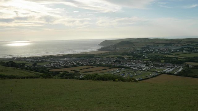 Aerial view of Croyde UK in the evening. Panorama shot. Beach, north sea, buildings.