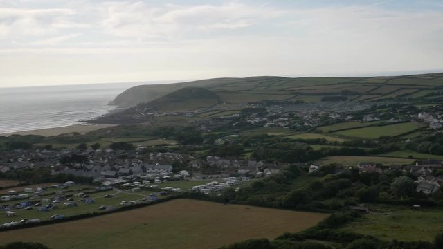 View of the campsite, the city, the beach, and the water. Croyde UK