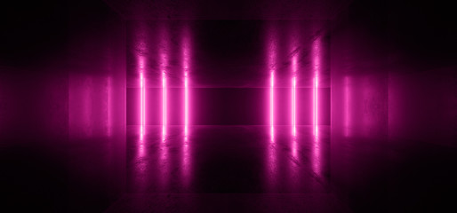 Obraz premium Neon Glowing Lights Retro Cyber Virtual Purple Luminous Fluorescent Tube Lights Abstract Grunge Concrete Tunnel Room Sci Fi Futuristic Stage Empty Night Background 3D Rendering