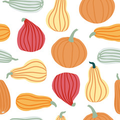 Hand draw Pumpkin Seamless Pattern in simple Doodle Style Vector Background Pumpkins in Pastel color of different shapes isolated on white Background. Template for Halloween, Thanksgiving, Harvest