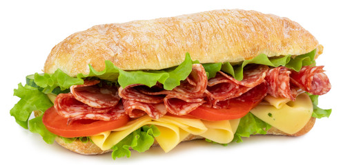 Ciabatta sandwich with lettuce, tomatoes prosciutto and cheese isolated on white background