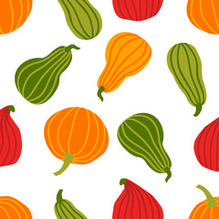 Hand draw Pumpkin Seamless Pattern in simple Doodle Style Vector Background colorful Pumpkins of different shapes and sizes isolated on white Background. Template for Halloween, Thanksgiving, Harvest