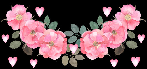 Dog rose garland and hearts on black