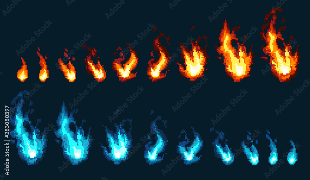 Wall mural pixel art fire. game icons set. comic boom flame effects for emotion. blue and red flames.