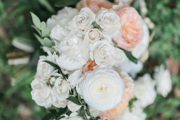close up of wedding flower bouquet, pink and white peonies and roses