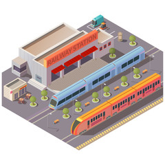 Modern railway station building, street cafe, parking with cars, high-speed passenger trains on rails, trees and benches on platform isometric vector. Public city transport infrastructure illustration