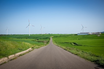 Fototapeta na wymiar Landscape of Murgia with road heading to a wind farm. Puglia region, Italy