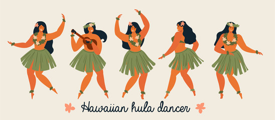 Hawaiian hula dancers young pretty woman. Vector illustration. - obrazy, fototapety, plakaty