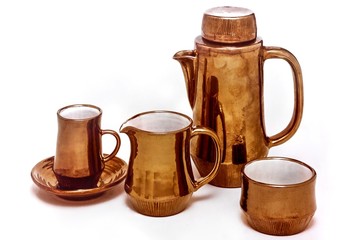 Metallic Copper Glazed Pottery Coffee Set Isolated on White Background