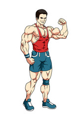 muscular bodybuilder showing big biceps, vector, cartoon, character