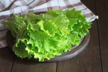 green lettuce leaves on a cutting board close-up. bunch of green lettuce on a wooden table. background with green fresh salad.
