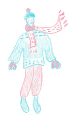 The person in winter clothes drawn with wax crayons