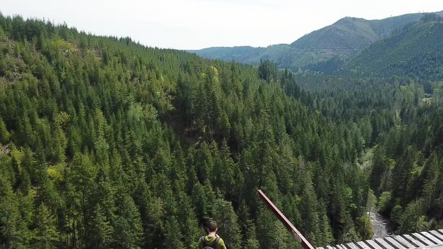 Extreme Traveler Exploring Old Abandoned Vance Creek Bridge in Washington State USA, Drone Aerial
