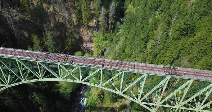 Ascending Aerial View of Vance Creek Bridge, Abandoned and Unsafe Railroad in Washington State Usa