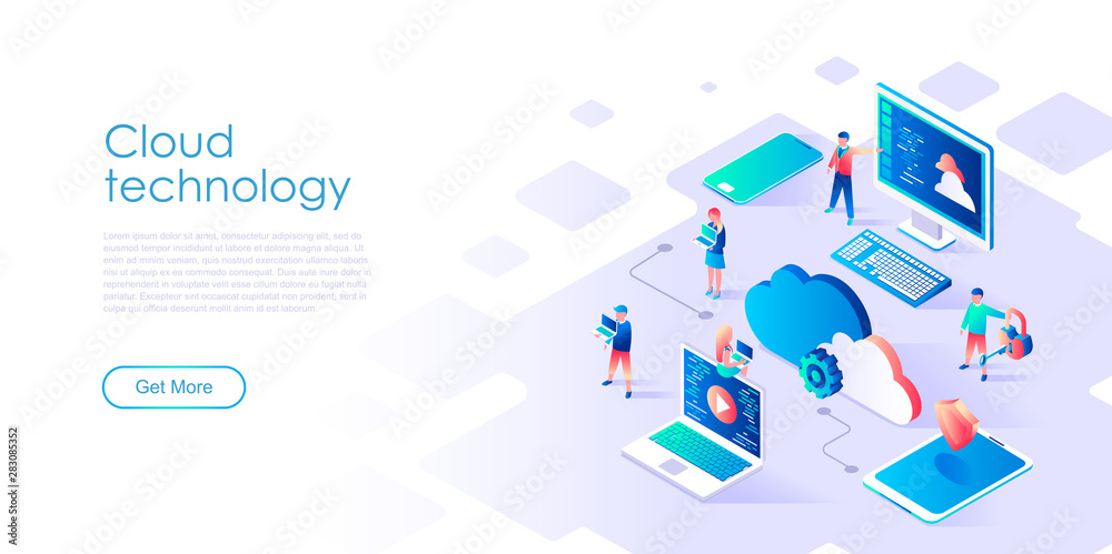 Leinwandbilder Modern flat design isometric concept of Cloud Technology for banner and website. Isometric landing page template. Data center, software to share informations on digital network. Vector illustration.