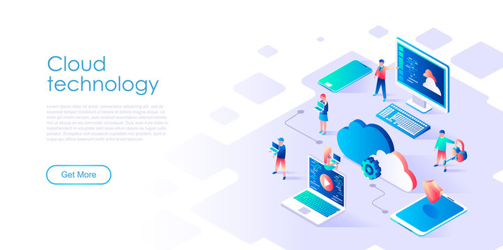 Modern flat design isometric concept of Cloud Technology for banner and website. Isometric landing page template. Data center, software to share informations on digital network. Vector illustration.