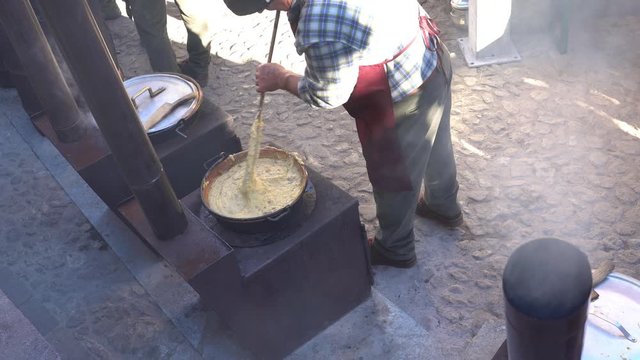 very rare video of traditional polenta in Rango Trentino town in Italy
