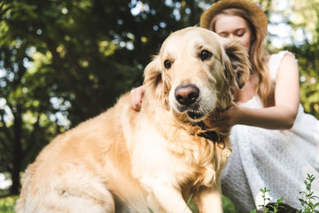 selective focus of girl in white dress and straw hat petting golden retriever while sitting on meadow with closed eyes