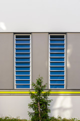 Modernisierte Fassade einer Sport und Turnhalle mit senkrechten Lichtbändern und einer gelben Borte und optisch abgesetztem Bereich in grau und Nadelbaum im Vordergrund