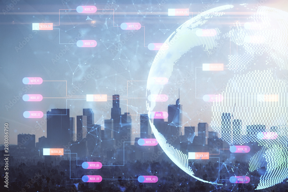 Poster map and data theme hologram on city view with skyscrapers background double exposure. international 